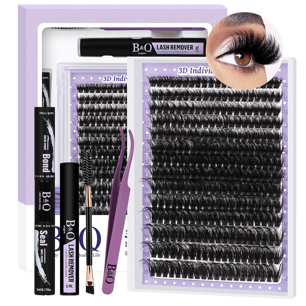B&Qaugen B&Q Lash Extension Kit 3D Thick Lash Clusters Kit 280pcs Eyelash Extension Kit 10-18mm 90D D Curl DIY Lash Extension Kit with Lash Bond and Seal, Lash Remover (KIT-90D-MIX10-18mm), Black