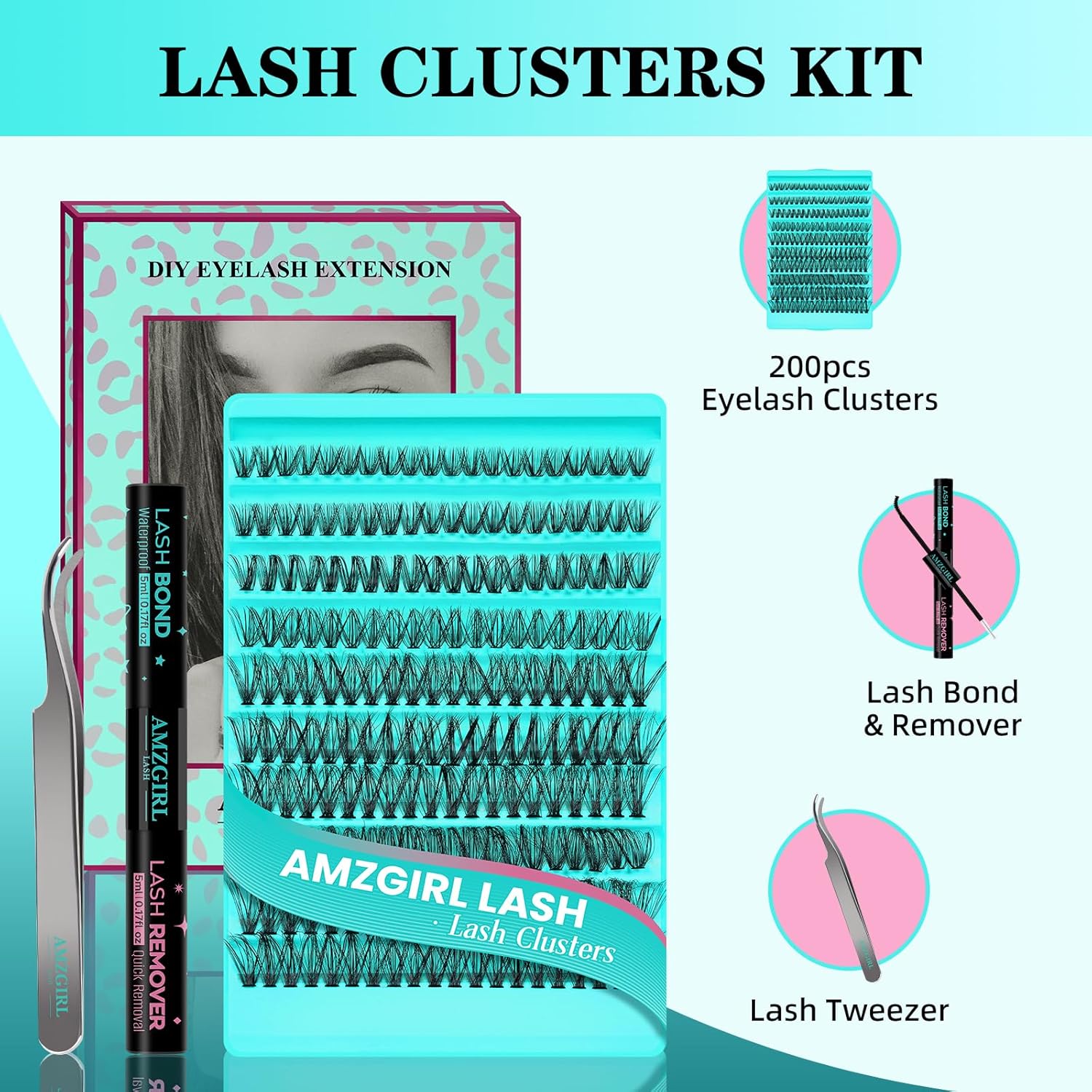 Lash Clusters Kit 200PCS 40D Eyelash Extension Kit D Curl Wispy Eyelash Clusters DIY Natural Individual Lashes Kits Lashes Extensions Kit with Lash Bond and Remover Eyelash Tweezer at Home