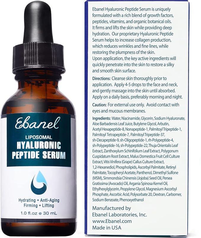 Ebanel Hyaluronic Acid Serum for Face with Peptides, Deep Hydrating Anti Aging Serum, Visibly Plump, Firm & Smooth Skin, Reduce Redness with Vitamin C, E and B5, Niacinamide, Aloe, Jojoba Oil, MSM