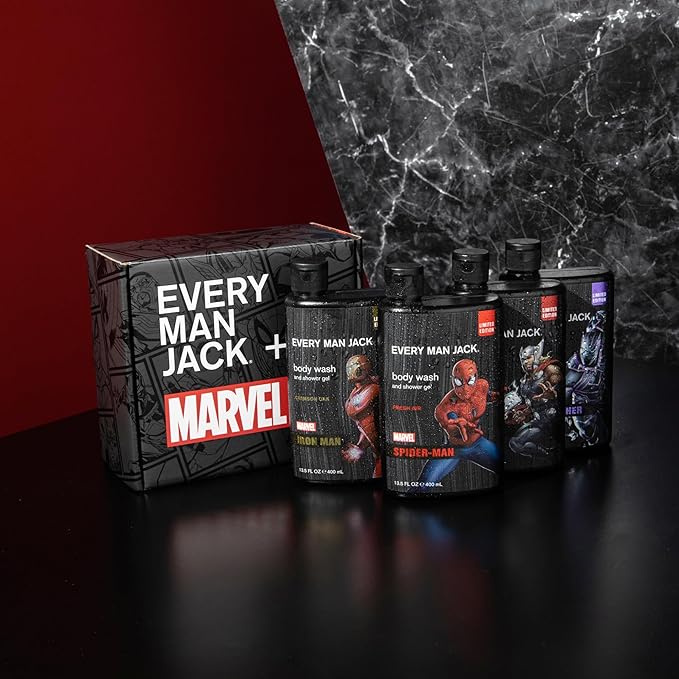 Every Man Jack Marvel Collectors Box Body Wash Gift Set - Includes Four Body Washes with Clean Ingredients - Marvel-Inspired Fresh Air, Coastal Thunder, Crimson Oak, and Wakanda Herbs Fragrances