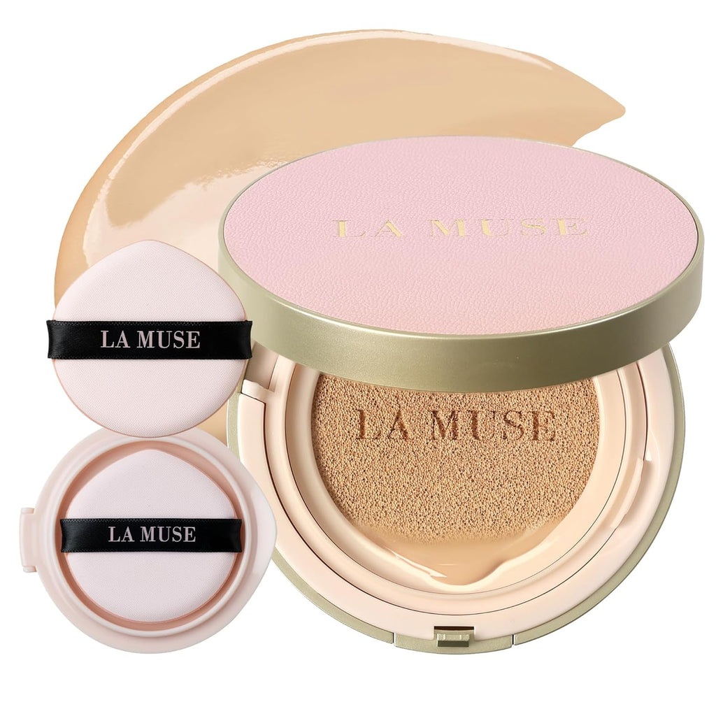 LA MUSE Korean Cushion Foundation, #21 Light Beige(2 Packs) | Lightweight, Breathable but Perfect Blemish Cover for Summer | Long-Lasting, Korean Foundation with Radiant Dewy Finish | Skin Hydrating