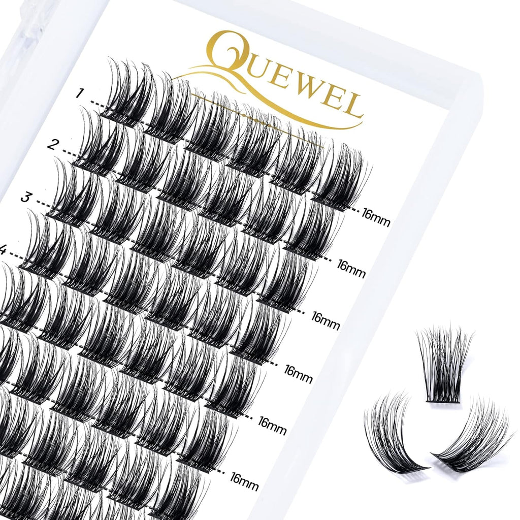QUEWEL Cluster Lashes 72 Pcs Wide Stem Individual Lashes C/D Curl 8-16mm Length DIY Eyelash Extension False Eyelashes Soft for Personal Makeup Use at Home (natural02-C-16)