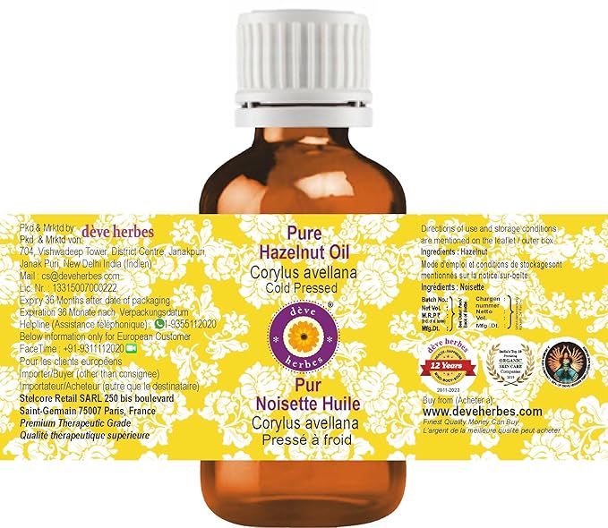 Deve Herbes Pure Hazelnut Oil (Corylus avellana) Cold Pressed 15ml (0.50 oz)