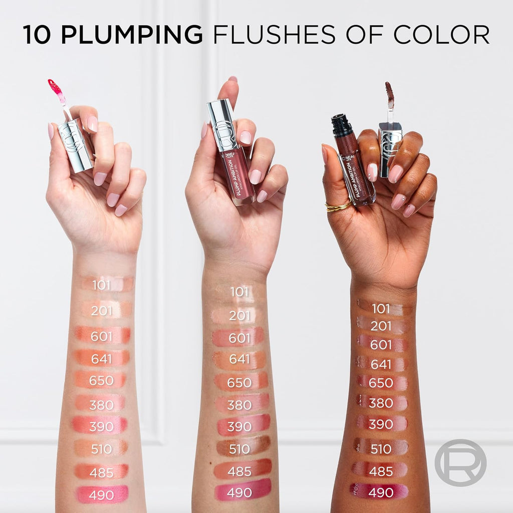 L'Oreal Paris Plump Ambition Hyaluron Lip Oil, 24 HR Lip Gloss with Hyaluronic Acid, Volumizing Formula with Glass-Like Shine, Berry Jolie 490, 0.16 Fl Oz