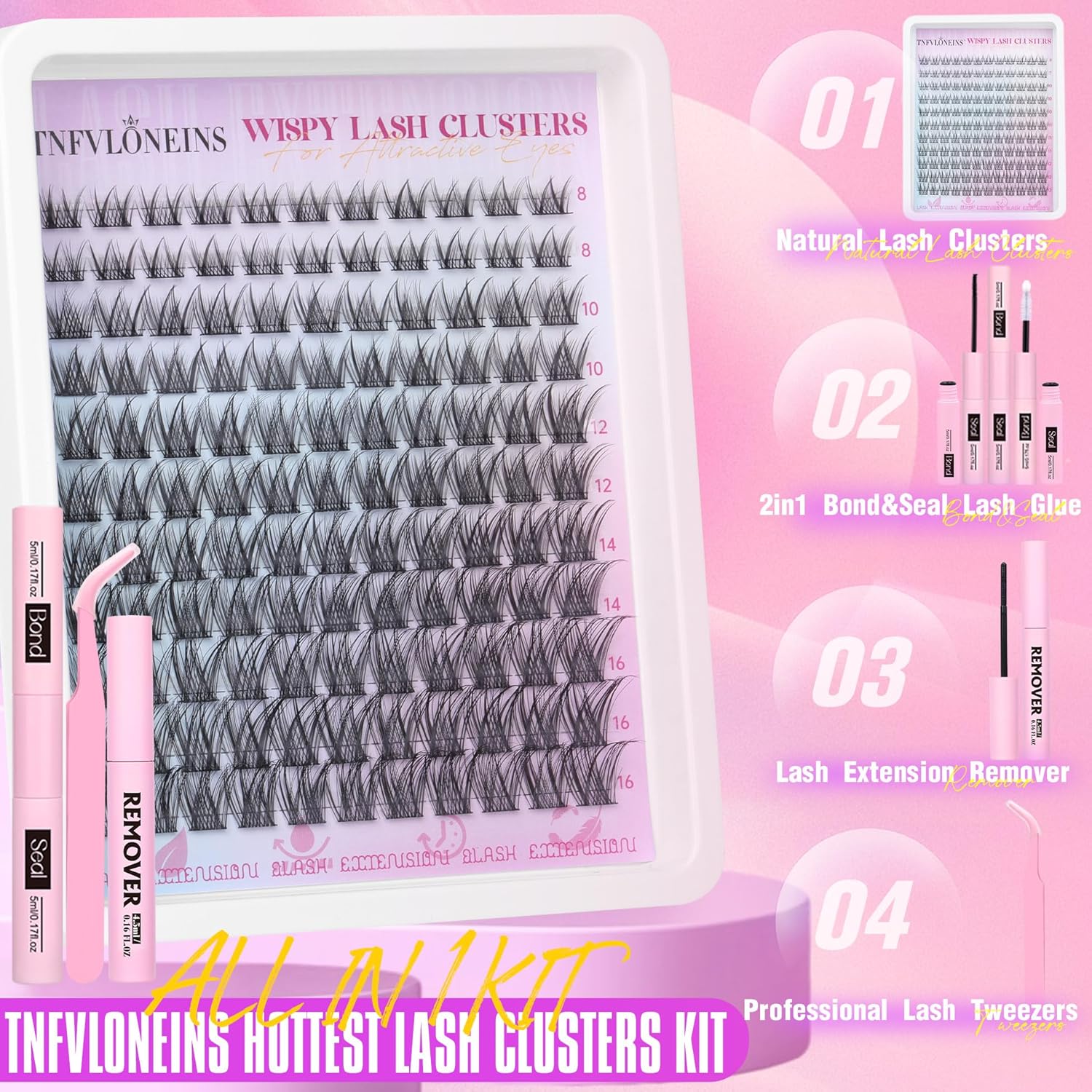 Natural Lash Clusters Kit Natural Eyelash Clusters C Curl Lash Extension Kit 8-16mm Eyelash Extension Kit DIY Individual Lashes Cluster Eyelash Extensions with Lash Remover by TNFVLONEINS