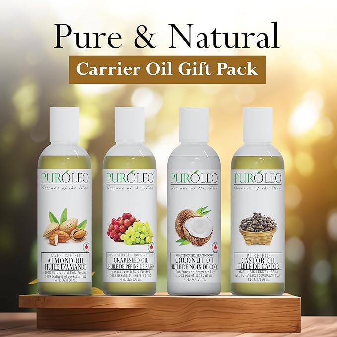 PURÓLEO Carrier Oil Gift Set- 4 Pack - Coconut Oil- Almond Oil - Castor Oil - Grapeseed Oil - 100% Natural Moisturizing Massage 4 Pc (4 Fl Oz)