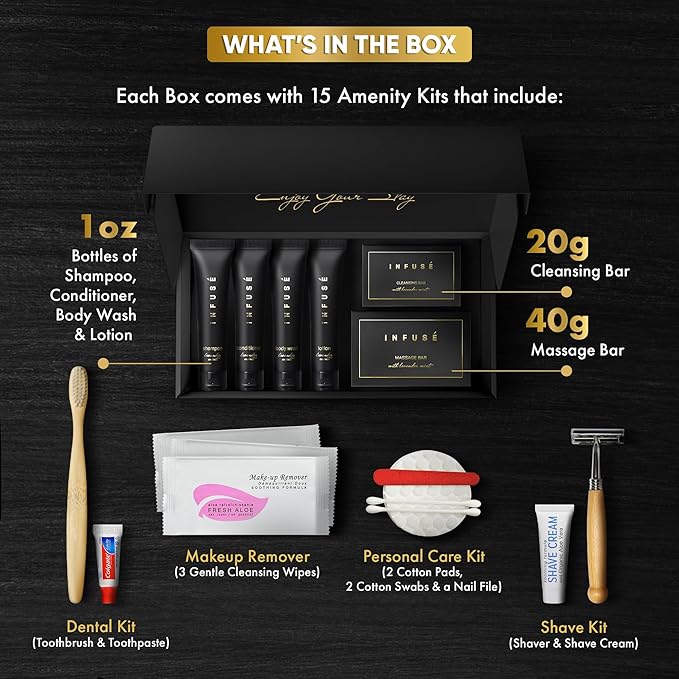 Infuse Black | Amenity & Accessory Kit | 1 oz Travel Size Shampoo, Conditioner, Lotion, Body Wash, Body Bar, 2 Cleansing Bar, Shave & Dental Sets, Make-Up Remover Wipes & Vanity Kit | 15 sets per case
