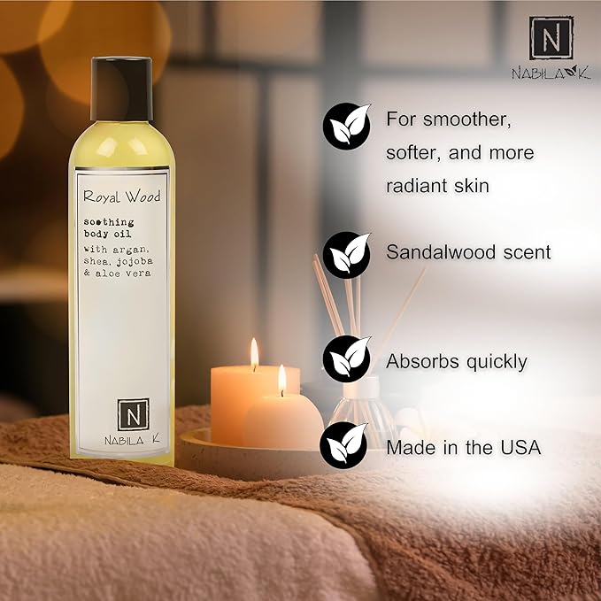 Royal Wood (Marigold & Sandalwood Scent) Body Oil, 9 oz Moisturize & Nourish with Argan & Coconut Oil - Vitamin C Enriched - Naturally Derived, Vegan-Friendly