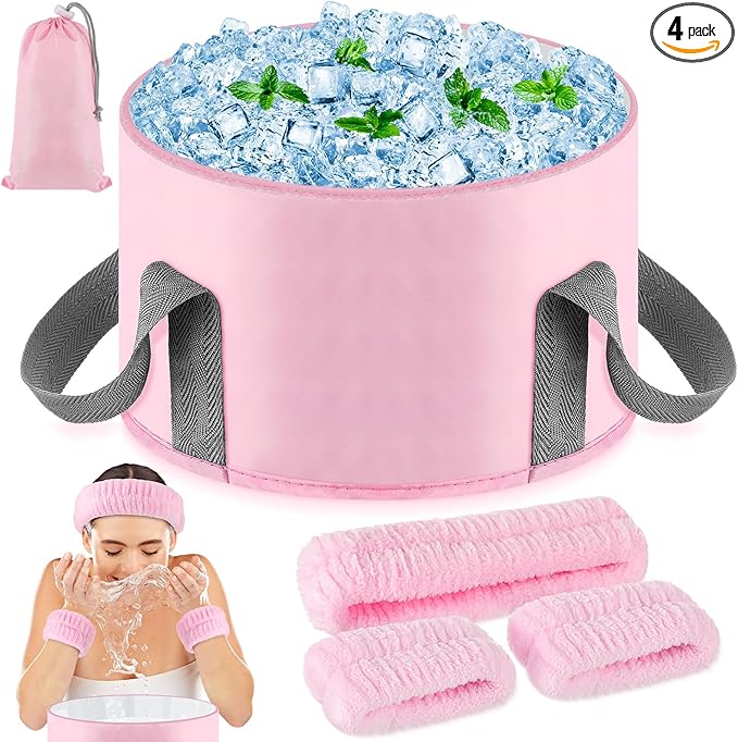 Face Ice Bath Bowl - Pink Foldable Collapsible Design with Headband & Wristbands Set, Skincare Combo for Women, Travel Friendly Home Spa, Makeup Removal & Sensitive Skin Care