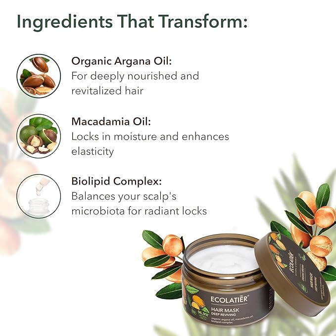 Organic Argana Oil Deep Reviving Vegan Hair Mask for damaged hair- ECOLATIER, 250ml - 96.9% Natural, Restores Shine, Argan & Macadamia Oils - 8.5 Fl Oz