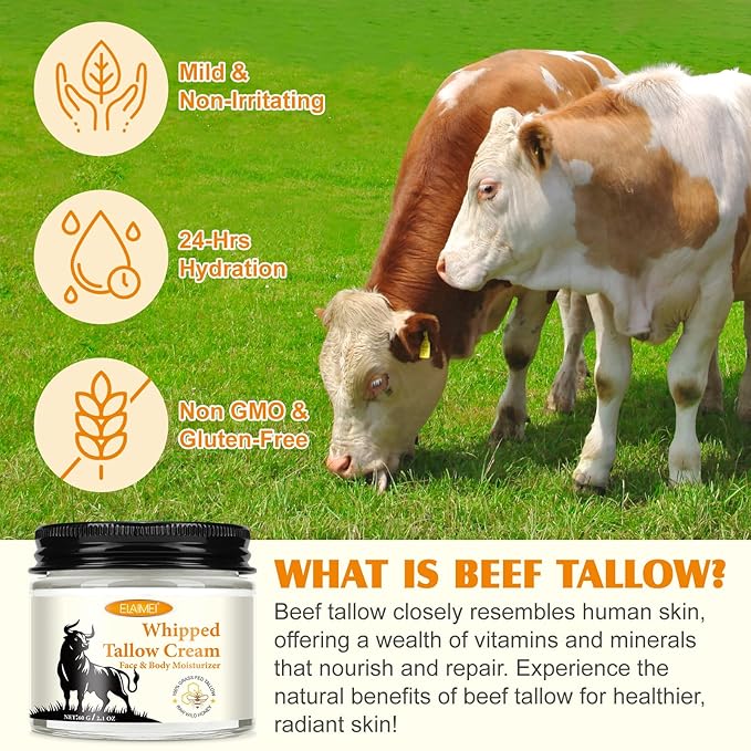 Beef Tallow for Skin, Beef Tallow and Honey Balm for Face & Body, Tallow Face Moisturizer, Organic Grass Fed Whipped Beef Tallow with Honey Beeswax, Beef Tallow Moisturizer Cream -2.0 Oz