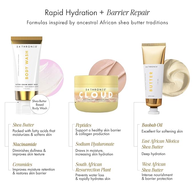 4-Piece Bodycare Set, Clear Makeup Bag, Tsa Approved Toiletry Bag, Butter Cream Body Wash, Barrier Repair Cloud Cream, African Beauty Butter & Kessa Exfoliating Mitt