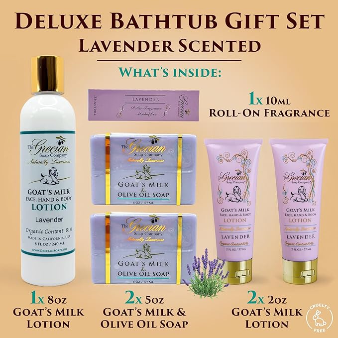 Self Care Gifts for Women, 6pcs Goat Milk & Olive Oil Skin Care Set, Relaxing Gift Basket, Bridal Shower Gifts, Birthday Gifts, Gifts for Mom, Lavender Scent, Handmade in USA