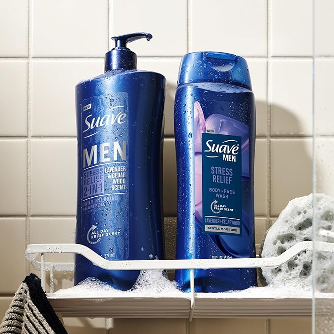 Suave Men’s Stress Relief Body + Face Wash, Gentle Moisture with Lavender & Cedarwood All Day Fresh Scent, 18 oz, 6 Pack