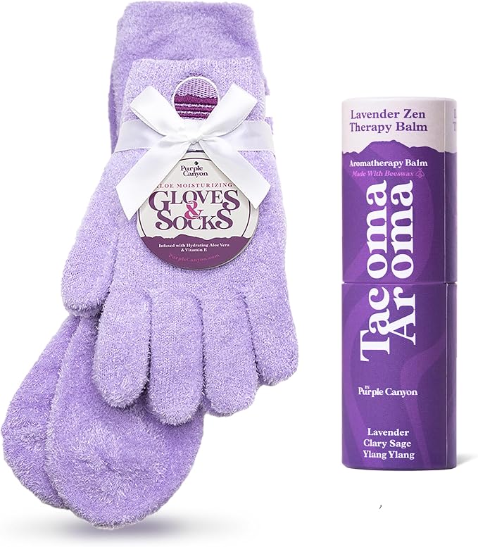 Purple Canyon Fuzzy Socks & Gloves and Essential Oil Balm Spa Kit | Purple Socks and Gloves Infused with Aloe Vera and Vitamin E Oil | Beeswax Miracle Balm for Cracked Heel Repair and Foot Care
