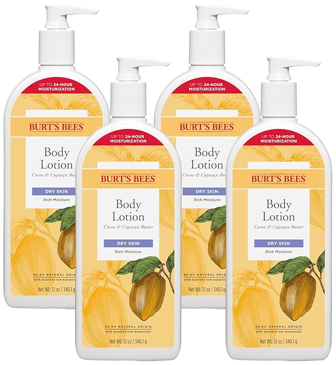 Burt's Bees Butter Body Lotion for Dry Skin with Cocoa & Cupuau, 12 Oz (Package May Vary) (Pack of 4)