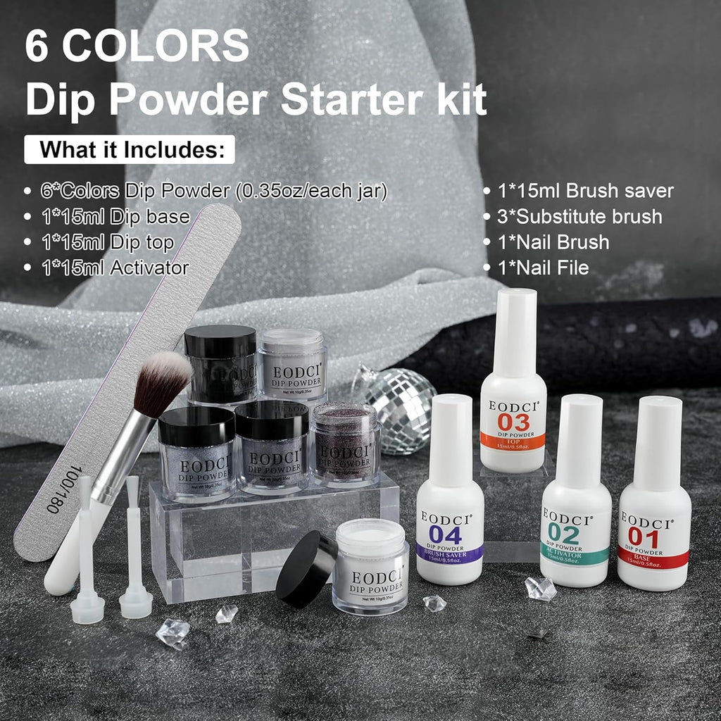 Dip Powder Nail Kit Starter, 6 Colors Glitter Dark Black White Dipping Powder Kit With Base & Top Coat/Activator/Brush Saver, Nail Art Manicure Salon DIY for Daily at Home Party Gifts for Women