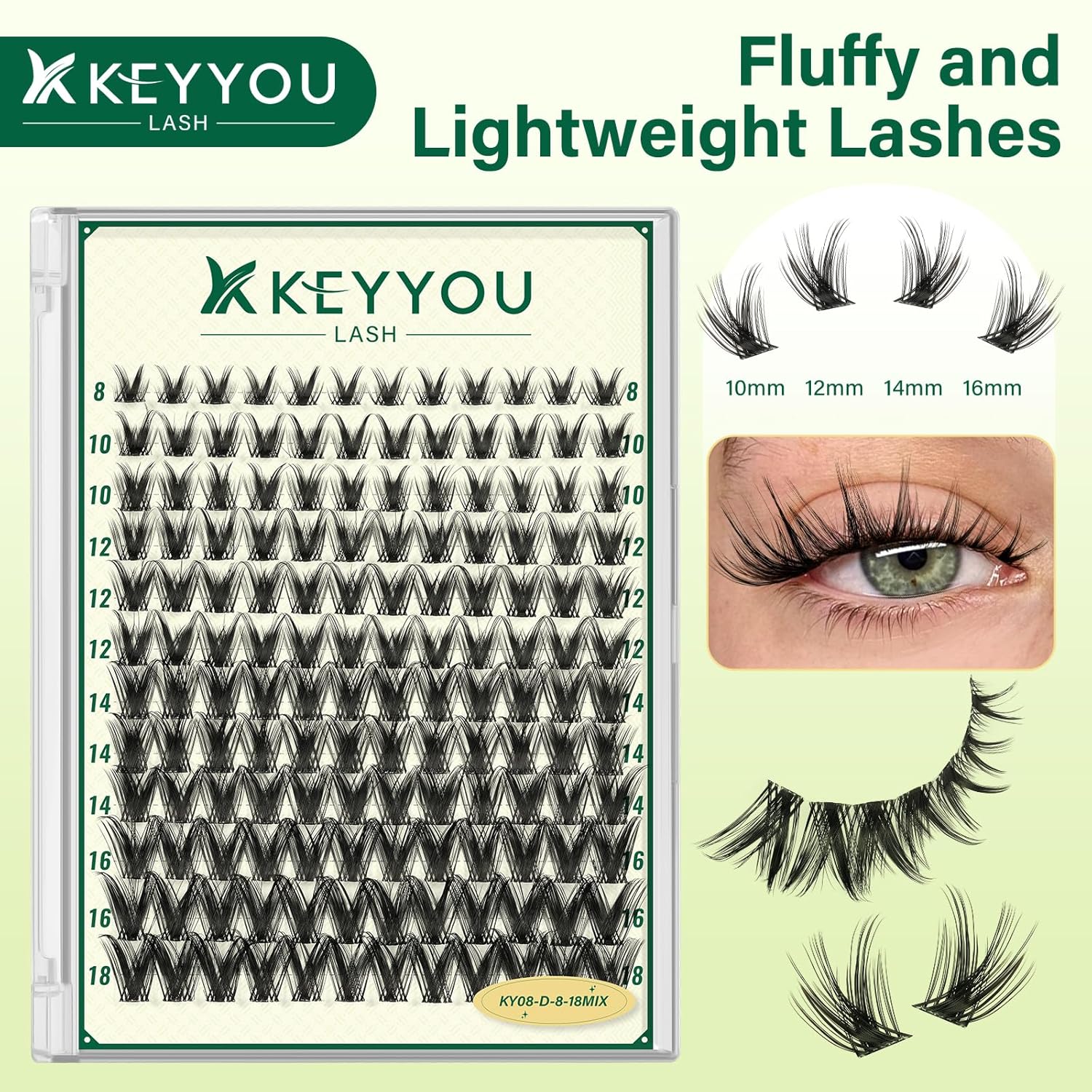KEYYOULASH Lash Clusters Manga Lash Extension D Curl 144pcs 8-18mm Wispy Eyelash Clusters Natural Volume Eyelash Extensions Individual Lashes DIY at Home(KY08,D-8-18MIX)