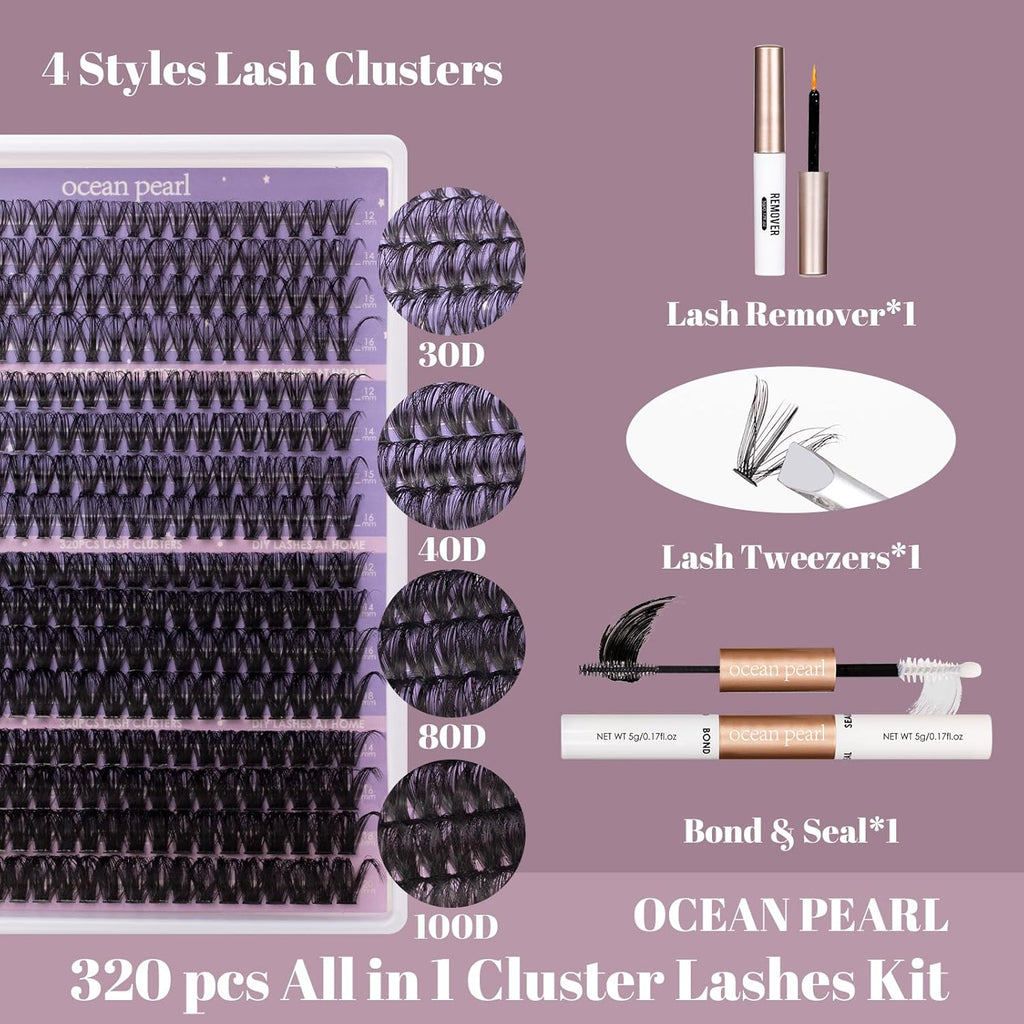 Ocean Pearl Lash Clusters 320PCS 12-20MM 30D+40D+80D+100D Lash Extension Kit Lashes Clusters Eyelashes Cluster Eyelash Extensions Thick Individual Lashes Kit with Lash bond&seal&remover&tweezer-4