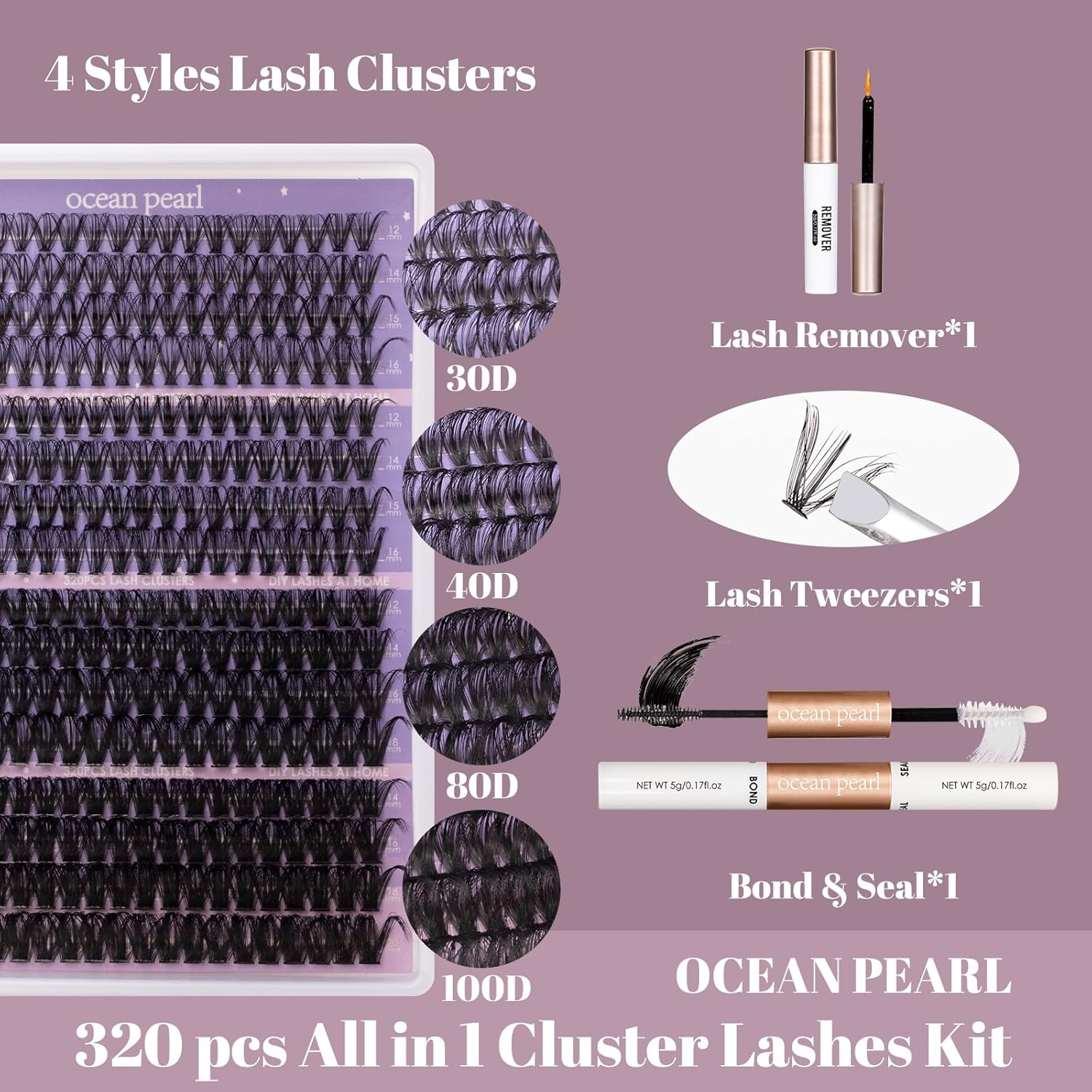 Ocean Pearl Lash Clusters 320PCS 12-20MM 30D+40D+80D+100D Lash Extension Kit Lashes Clusters Eyelashes Cluster Eyelash Extensions Thick Individual Lashes Kit with Lash bond&seal&remover&tweezer-4