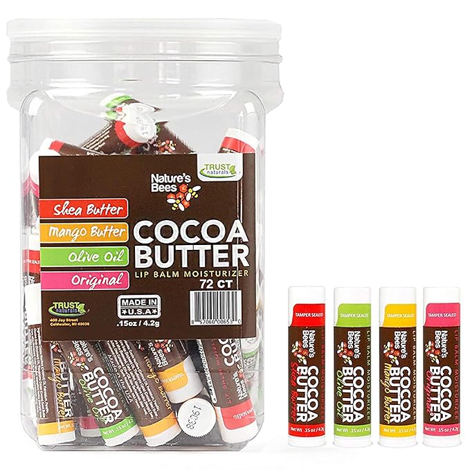 Nature's Bees, Cocoa Butter Lip Balms, Lip Moisturizer Treatment - Pack of 72, (Original Variety Assortments - Original, Olive Oil, Mango Butter, Shea Butter)