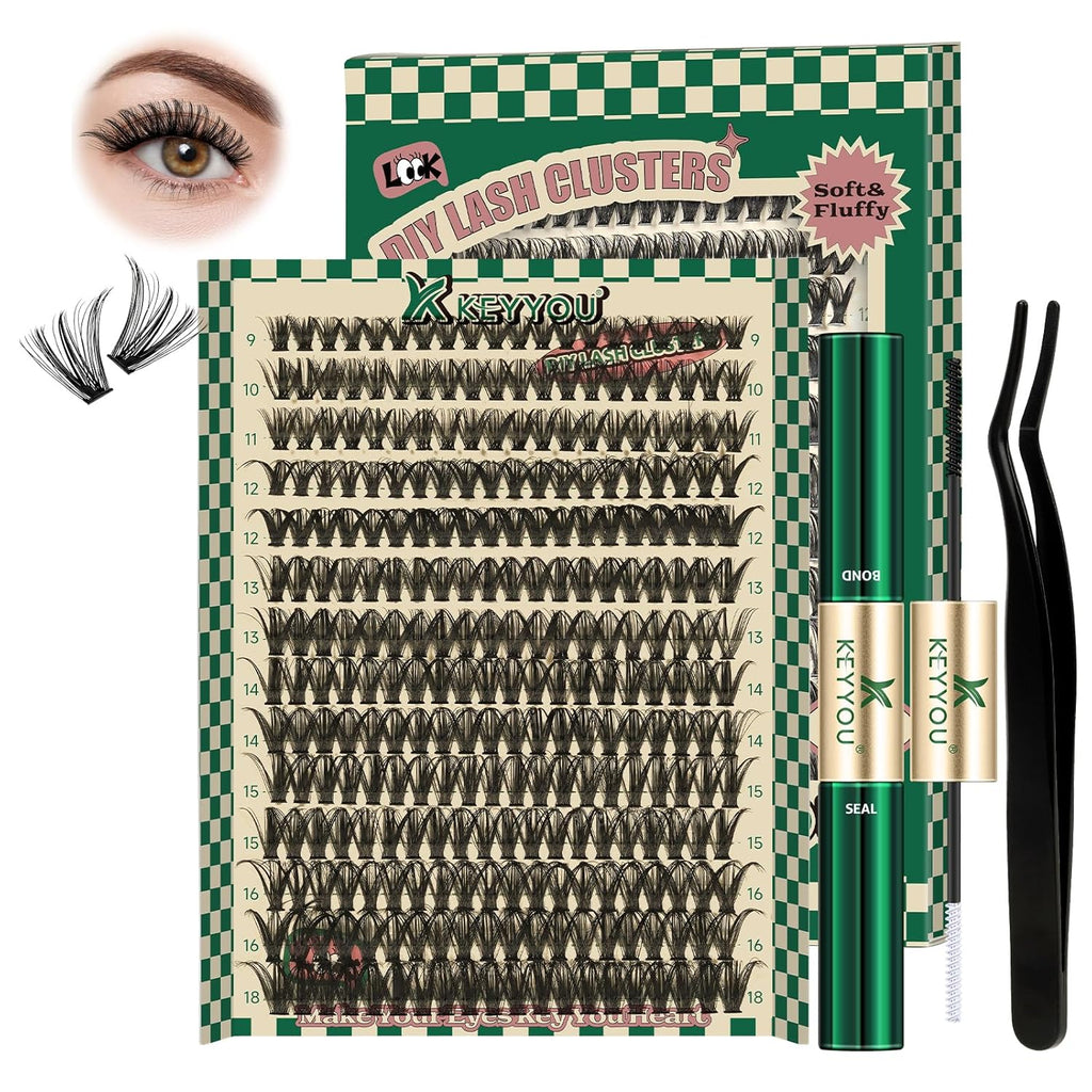DIY Lash Extension Kit 280pcs Individual Lashes D Curl Eyelash Extension Kit KEYYOU 40D 9-18Mix Lash Clusters with Lash Bond and Seal and Lash Applicator for DIY at Home(KIT-40D-0.07D-9-18Mix)