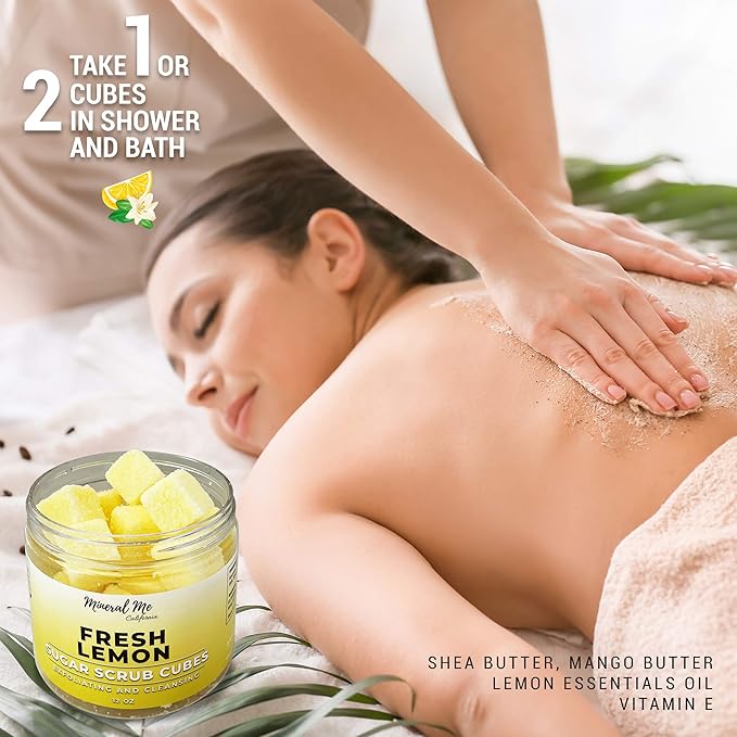 Body Scrub Exfoliator - 12oz FRESH LEMON Sugar scrub cubes w/Mango Butter & Shea butter- Ultra Hydrating & Moisturizing - Natural & Organic for all body exfoliation- For hands, arms legs, elbow & foot