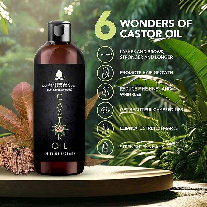 Pursonic Castor Oil (16oz) Cold-Pressed, 100% Pure, Hexane-Free Castor Oil-Moisturizing & Healing, For Dry Skin, Hair Growth - For Skin, Hair Care, Eyelashes