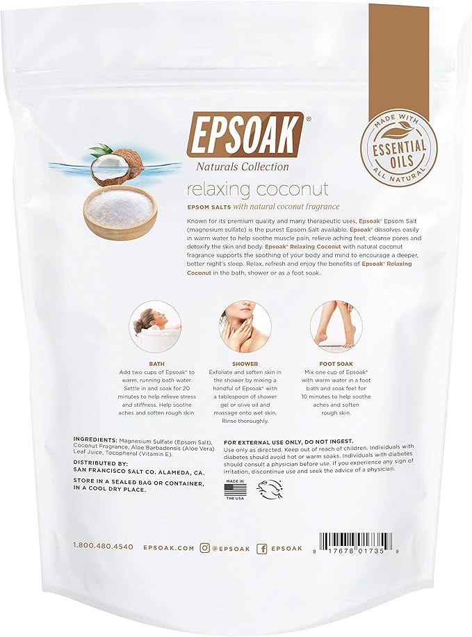 Epsoak Epsom Salt 2 lb. Magnesium Sulfate USP. (Qty. 1 x 2lb. Bag), Natural Coconut Scented, Resealable Epsom Salt Bag, Made in The USA, Cruelty-Free Certified