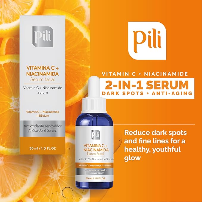 Pili Vitamin C Serum with Niacinamide & Organic Silicon – Brightening, Hydrating & Anti-Aging Face Serum for All Skin Types, Including Oily & Acne-Prone Skin – 1 fl oz
