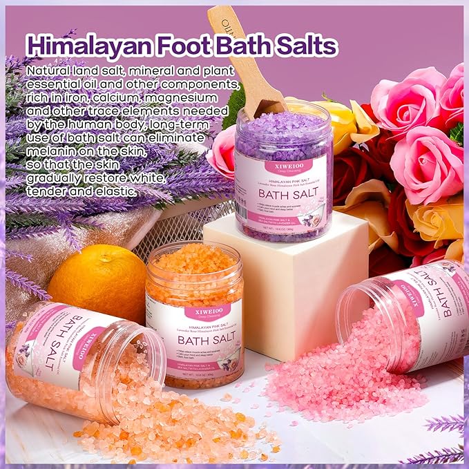 4 Pack Kit Bath Salts for Soaking Himalayan Pink Salt Lavender Orange Rose Pink Scent Epsom Salt Bubble Bath for Women Christmas Gift with Dead Sea Salt Moisturizing Skin