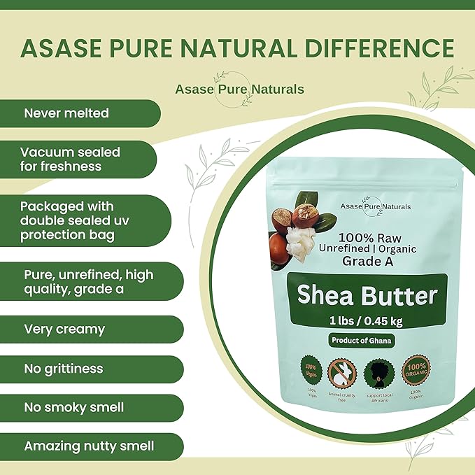 Asase Pure Naturals, Shea butter, 1 lbs, Raw, Unrefined, Grade A, Hand made, Ivory, Ghana Africa, Great for Hair, Skin, Nourish and moisturize, Body butter