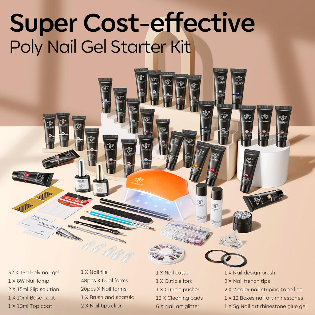 Modelones 133pcs Poly Nail Gel Kit, 32 Colors Earthy Tones Complete Extension Gel Nail Kit with 8W Lamp Slip Solution Builder Tools for Starter DIY Salon Use