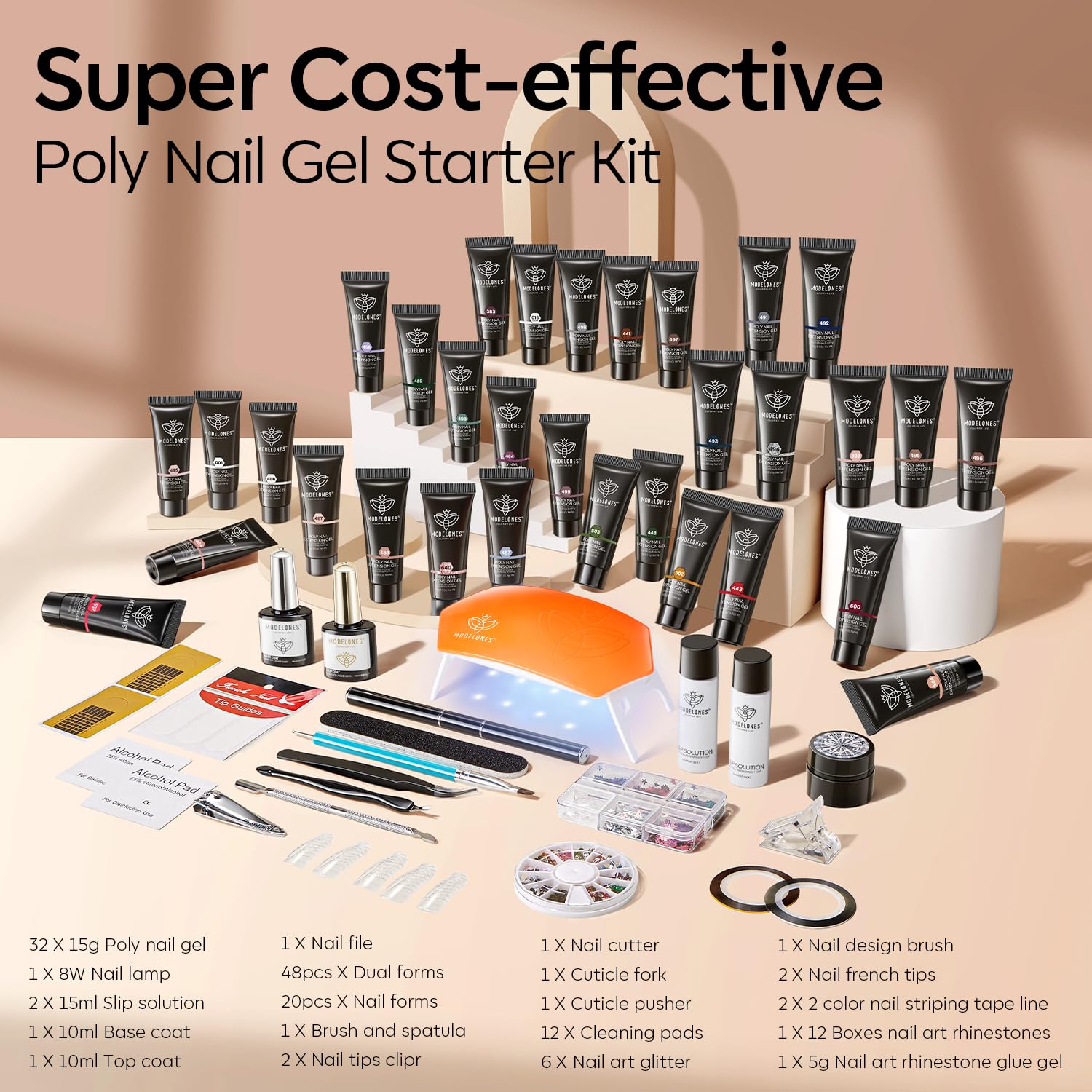 Modelones 133pcs Poly Nail Gel Kit, 32 Colors Earthy Tones Complete Extension Gel Nail Kit with 8W Lamp Slip Solution Builder Tools for Starter DIY Salon Use