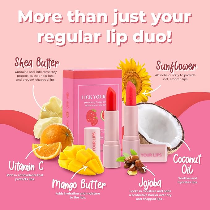 Watermelon Tinted Lip Balm and Strawberry Sugar Lip Scrub Stick Duo - Lip Scrubber Exfoliator helps Lip Repair, Deep Hydration, and a Soft, Radiant Pout 8.10g