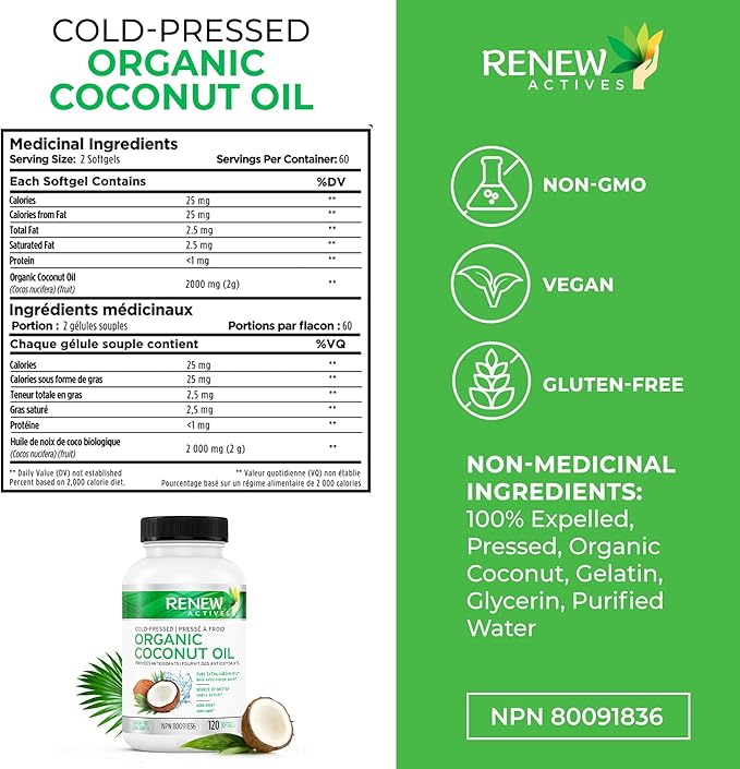Renew Actives Coconut Oil Supplement 2000MG per 2 Softgels - Premium Source of Antioxidants, Natural Fatty Acids & Metabolism Support for Optimal Health & Energy - Made in Canada - 120 Softgels