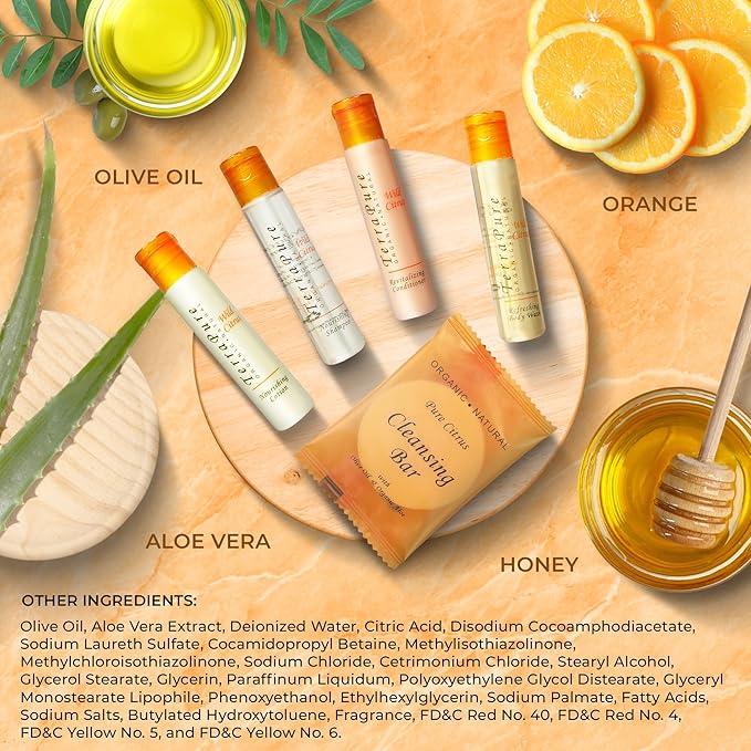 Terra Pure Wild Citrus Toiletries Set | 1-Shoppe Amenities Kit | 1oz Shampoo, Conditioner, Body Wash, Lotion, 1oz Bar Soap | 75 Pieces