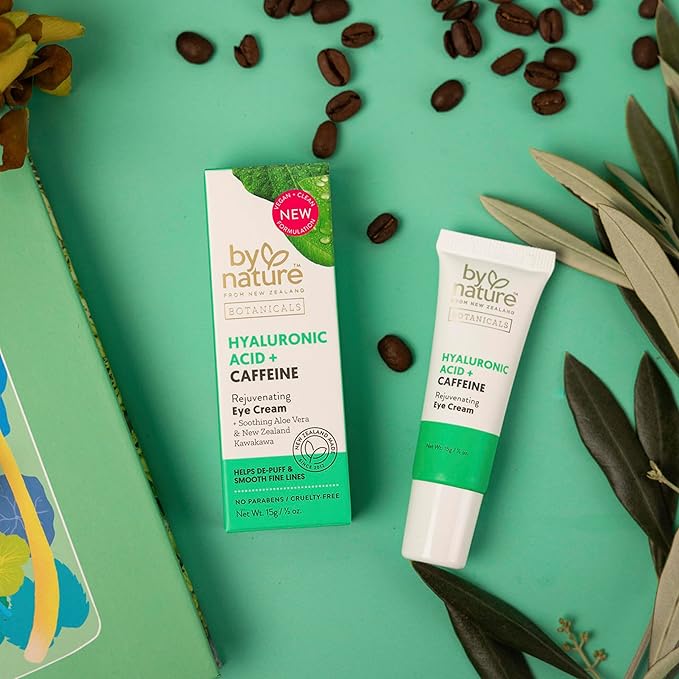 By Nature Botanicals Hyaluronic Acid & Caffeine Under Eye Cream - Firming & Refreshing Eye Cream for Dark Circles - Skincare from New Zealand - .5oz