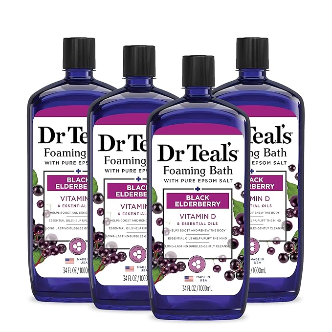 Dr Teal's Foaming Bath with Pure Epsom Salt, Black Elderberry with Vitamin D, 34 fl oz (Pack of 4) (Packaging May Vary) & Pure Epsom Salt Soak, Black Elderberry with Vitamin D, 3 lbs (Pack of 4)