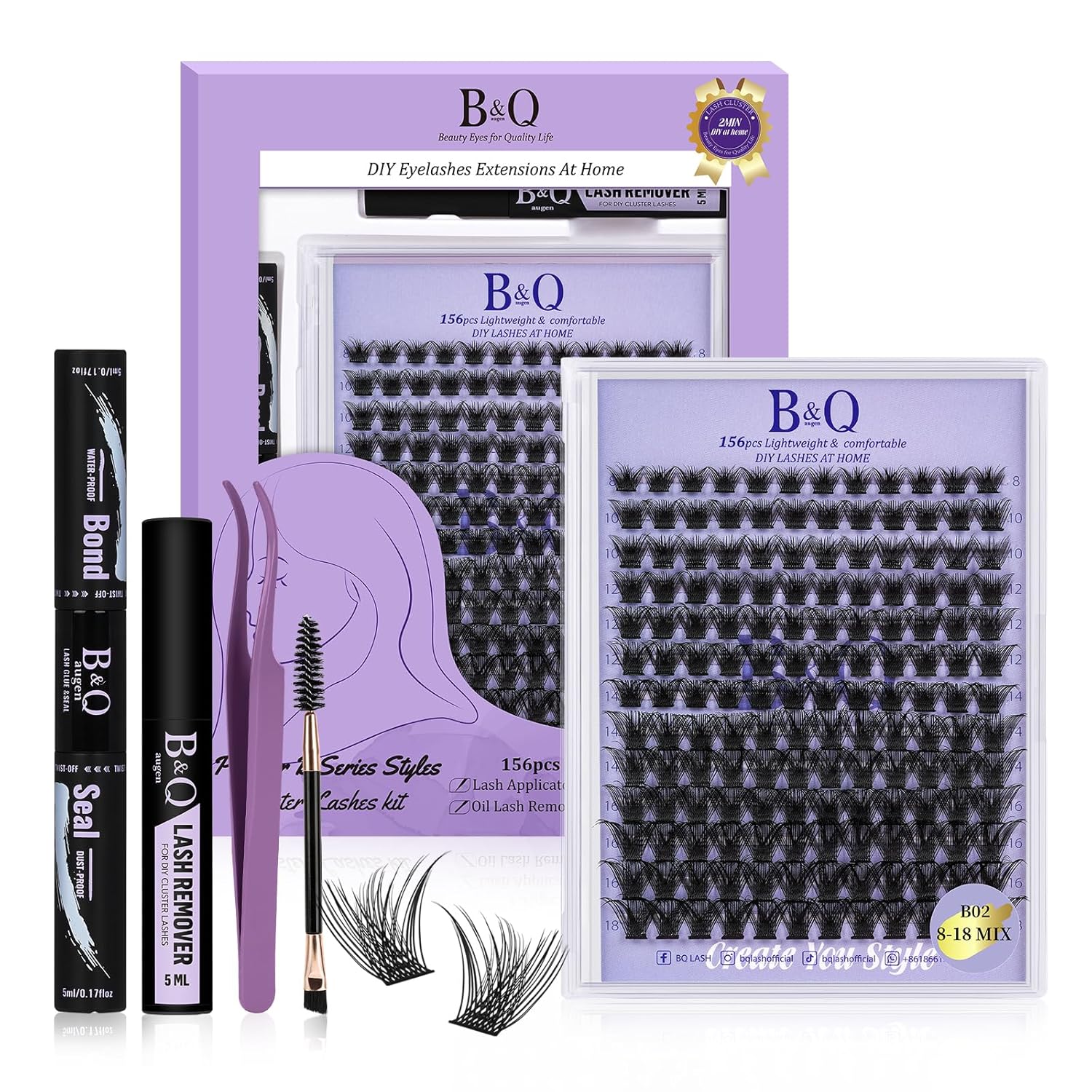 Lash Extension Kit B02 Eyelash Extension Kit B&Qaugen DIY Lash Extension Kit 156 PCS Lash Clusters 8-18mm Cluster Eyelash Extensions Kit with Lash Bond and Seal Lash Applicator Tool (Kit,B02)