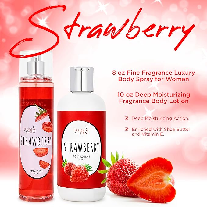 Home Spa Gift 10oz Deep Moisturizing Fragrance Body Lotion & 8 oz. Fine Fragrance Body Mist Set Luxury Self-Care Combo for Women and Girls (Strawberry) Mother’s Day Gift for Mom