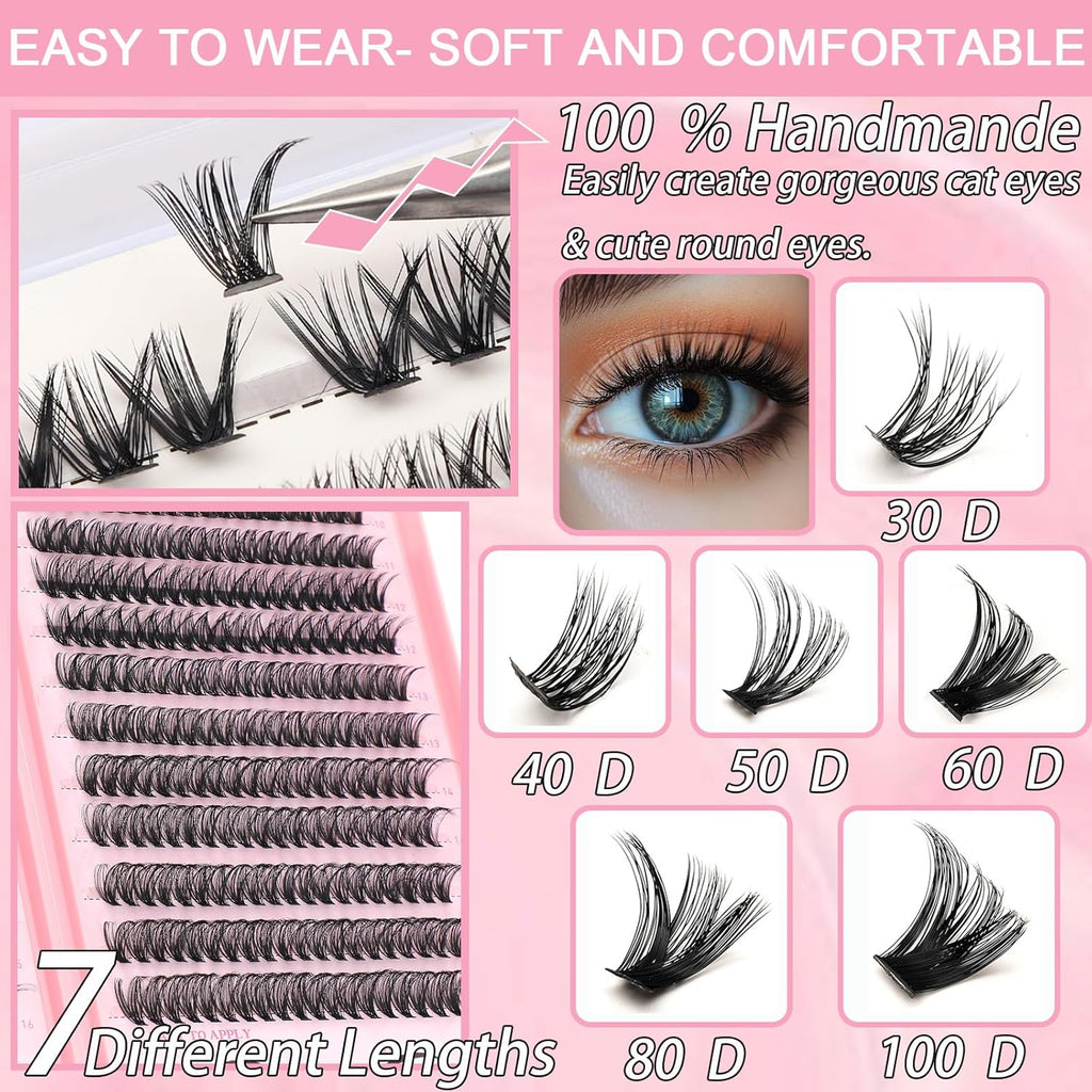 Lash Clusters Kit, Eyelash Clusters Individual Lash Extension Kit 480 Pcs D Curl Flufffy Wispy False Eyelashes Extensions Thin Band with Bond Seal Tweezers Brush Remover (40D+50D Kit 9-16mm)
