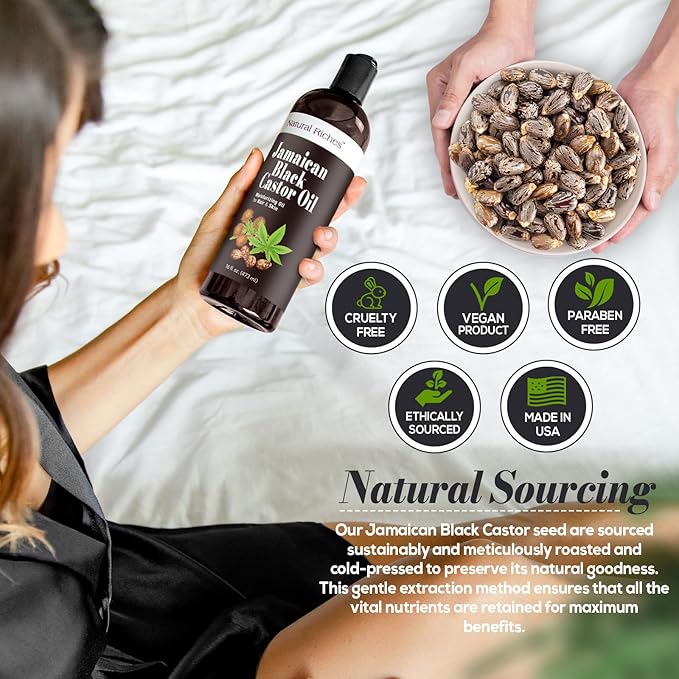 Natural Riches Jamaican Black Castor Oil Pure Organic Cold Pressed for Hair Growth Skin Care for Dry Skin Conditioning Eyebrows Eyelashes Scalp and Nail Moisturizes & Repairs 16fl.oz.