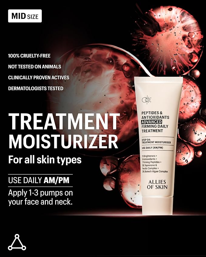 Allies of Skin Peptides & Antioxidants Advanced Firming Daily Treatment with 13 Brighteners, 9 Antioxidants, 7 Firming Peptides, 5% Teprenone & Ferulic Complex and 3% Biotech Algae Complex 20ml/0.67oz