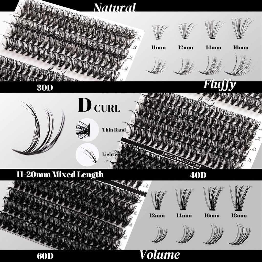 DIY Lash Extensions Kit 320pcs Individual Lashes Clusters 30D 40D 60D D Curl Eyelash Extension Kit with Applicator and Lash Bond&Seal, Lash Remover For False Eyelash Mix 11-20mm (30D+40D+60D KIT)