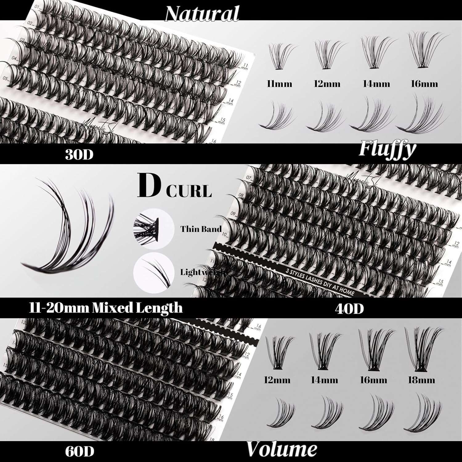 DIY Lash Extensions Kit 320pcs Individual Lashes Clusters 30D 40D 60D D Curl Eyelash Extension Kit with Applicator and Lash Bond&Seal, Lash Remover For False Eyelash Mix 11-20mm (30D+40D+60D KIT)