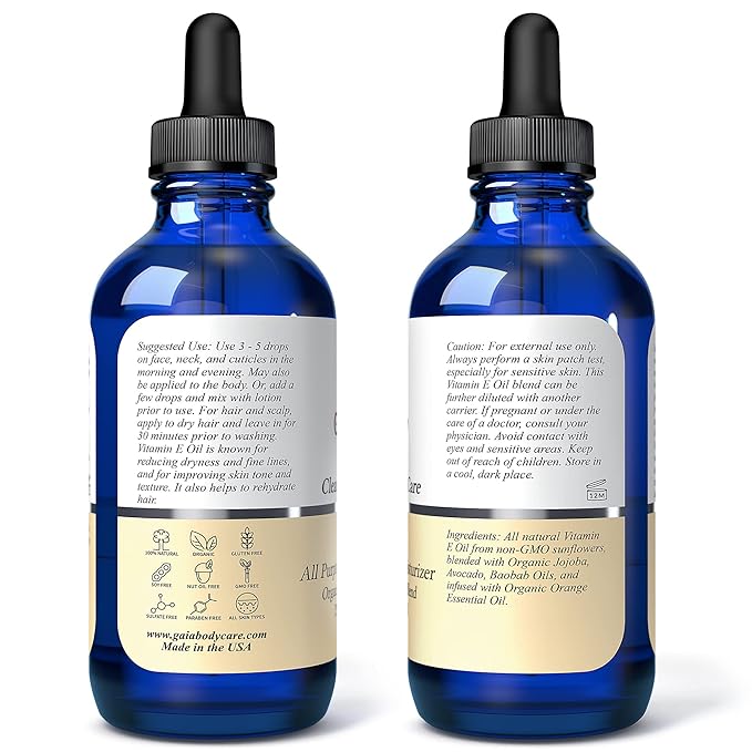 Gaia Body Care Organic Vitamin E Oil 75,000 IU Body Oil for Dry Skin, Scars, Hair and Scalp Moisturizer, Bath Oil - 4 ounces