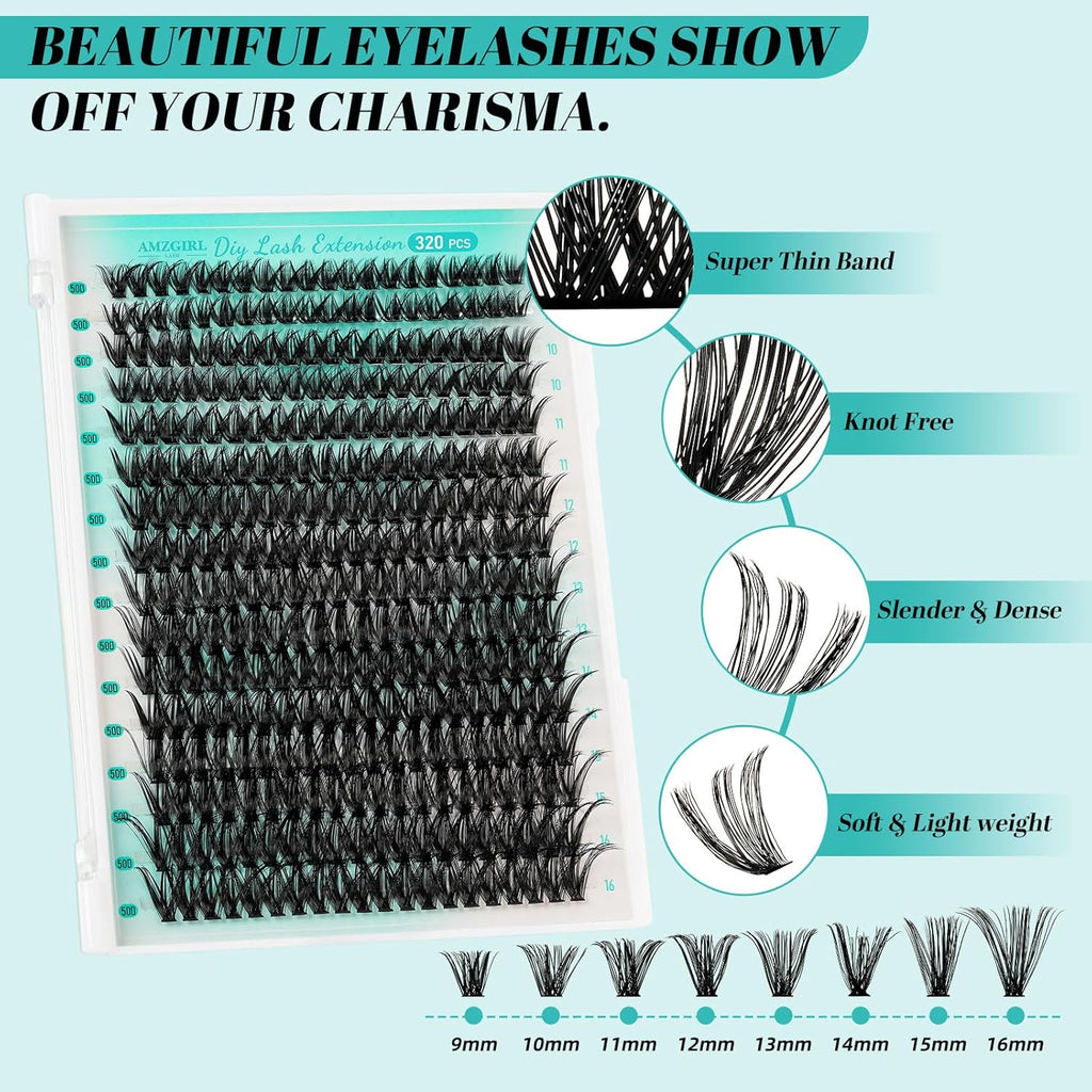 Lash Clusters Kit 320Pcs,50D Eyelash Extension Kit,Lash Bond and Seal Waterproof,Lash Remover for Individual Cluster Lashes Kit,Lash Applicator Tool for DIY Lash Extension Kit(D-Mix9-16mm Kit)
