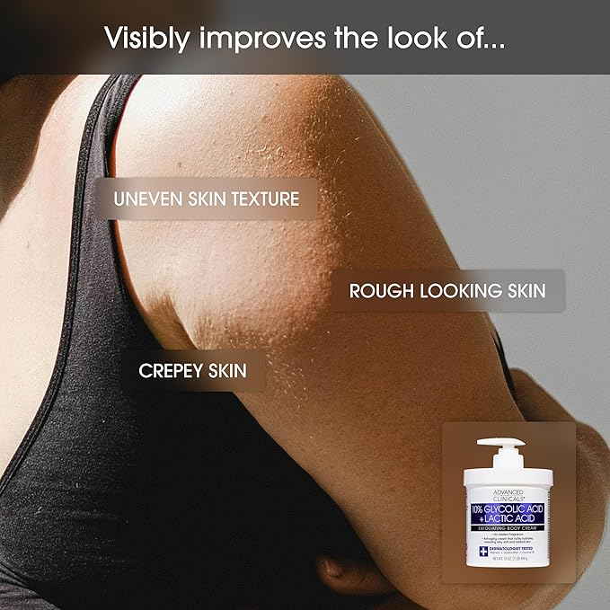 Advanced Clinicals 10% Glycolic Acid + Lactic Acid Lotion Exfoliant Moisturizing Cream With Hyaluronic Acid Moisturizer | AHA Exfoliating Body Cream Improves Look Of Uneven Rough Skin Texture, 16 Oz