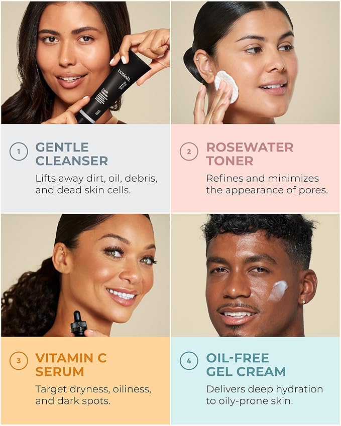 Buttah Skin Supreme Kit for Melanin Rich Skin | Oil-Free Hyaluronic Gel Cream 2 oz | Vitamin C Serum 1 oz | Cleanser 3.4 oz | Rosewater Toner 3.4 oz | Black Owned Skincare